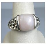 925 Silver Half Bezel Pink Stone Textured Band Rin