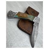 Damascus Steel Folding Blade Knife w/ Sheath