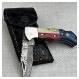 Damascus Steel Folding Blade Knife w/ Sheath