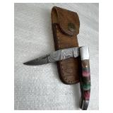 Damascus Steel Folding Blade Knife w/ Sheath