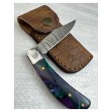 Damascus Steel Folding Blade Knife w/ Sheath