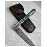 Damascus Steel Folding Blade Knife w/ Sheath