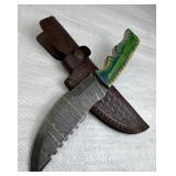 Lg Damascus Steel Fixed Blade Knife w/ Sheath