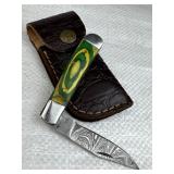 Damascus Steel Folding Blade Knife w/ Sheath