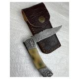 Damascus Steel Folding Blade Knife w/ Sheath