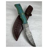 Lg Damascus Steel Fixed Blade Knife w/ Sheath