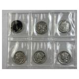 (6) 1925-1963 Silver Dimes, (5 Merc, 1 Rosy) 90%