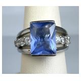 925 Silver Rectangular Center Blue & White CZ Ring
