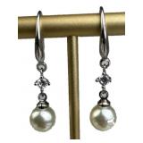925 Silver Dangling Faux Pearl CZ French Wire Earr