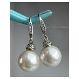 925 Silver Large Dangling Faux Pearl CZ Earrings