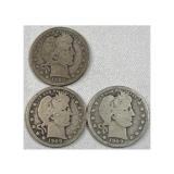(3) 1909 P-O-D Barber Silver 25c Coins
