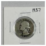1937 Washington Silver Quarter, US 90% Coin