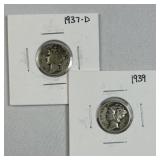 1937-D & 1939  Mercury Silver Dimes, US 90%