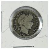 1907 Barber Silver Dime, US 90% Coin, 10c