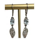 925 Silver Dangle Open Leaf Blue Topaz Earrings