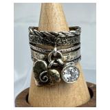 925 Silver Israel Dangling Heart & CZ Charm Ring