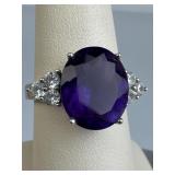 925 Silver Large Amethyst Accent Zirconia Ring