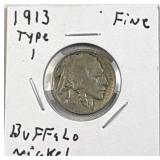 1913 Type 1 Buffalo Nickel, 5c Coin
