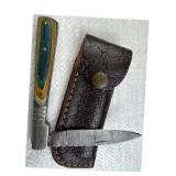 Damascus Steel Folding Blade Knife w/ Sheath