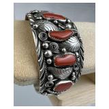 925 Silver G. Adeky Navajo Coral Cuff Bracelet