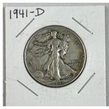 1941-D Walking Liberty Silver Half Dollar, 90%
