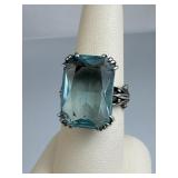 925 Silver Large Rectangular Blue Zirconia Ring