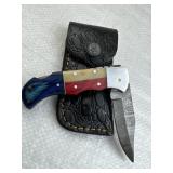 Damascus Steel Folding Blade Knife w/ Sheath