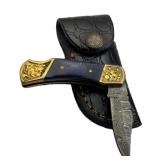 Damascus Steel Folding Blade Knife w/ Sheath
