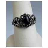 925 Silver Vintage Marcasite Black Stone Ring