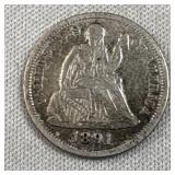 1891 Seated Liberty Silver Dime, 10c US Coin