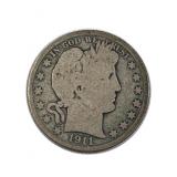 1911-D Barber Silver Half Dollar, 50c Coin