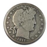 1911 Barber Silver Half Dollar, 50c Coin