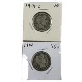 (2) 1914 P-D Barber Silver 25c Coins