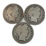 (3) 1909 P-O-S Barber Silver Halves, 50c US Coins