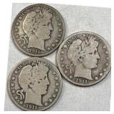 (3) 1911 P-D-S Barber Silver Halves, 50c US Coins