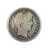 1908 Barber Silver Half Dollar, 50c US Coin