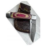 Damascus Steel Folding Blade Knife w/ Sheath