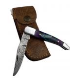 Damascus Steel Folding Blade Knife w/ Sheath