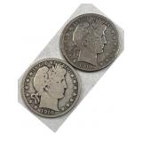 (2) 1910 P-O Barber Silver Halves, 50c US Coins