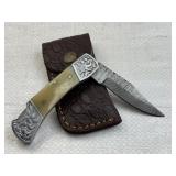 Damascus Steel Folding Blade Knife w/ Sheath