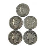 (5) Mercury Silver Dimes, 10c US Coins, 90%