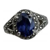 925 Silver Vtg Oval Blue Zirconia Marcasite Ring
