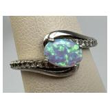 925 Silver Vtg. Oval Opal Zirconia Bypass Ring