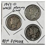 (3) 1942-D WWII Era Silver Mercury Dimes, 90%