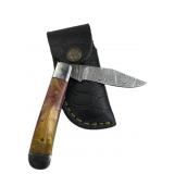 Damascus Steel Folding Blade Knife w/ Sheath