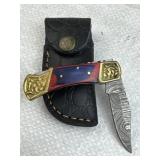 Damascus Steel Folding Blade Knife w/ Sheath