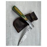 Damascus Steel Folding Blade Knife w/ Sheath