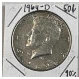1964-D JFK 90% Silver Half Dollar, US 50c Coin