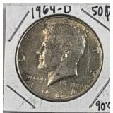 1964-D JFK 90% Silver Half Dollar, US 50c Coin