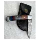 Damascus Steel Folding Blade Knife w/ Sheath
